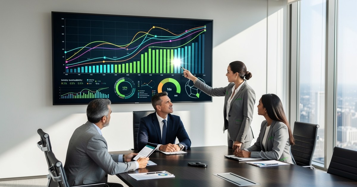 A businesswoman points at a large screen displaying colorful charts and graphs to three colleagues in a modern office.