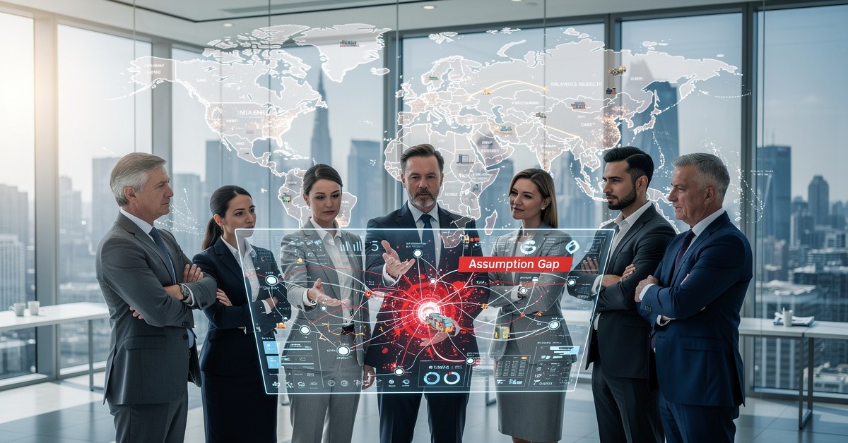 Business professionals in a modern office looking at a holographic world map and data visualization.
