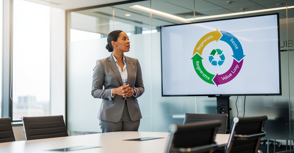 A woman in a suit presents a circular economy diagram with "Regenerate, Reuse, Value Loop" on a large screen.