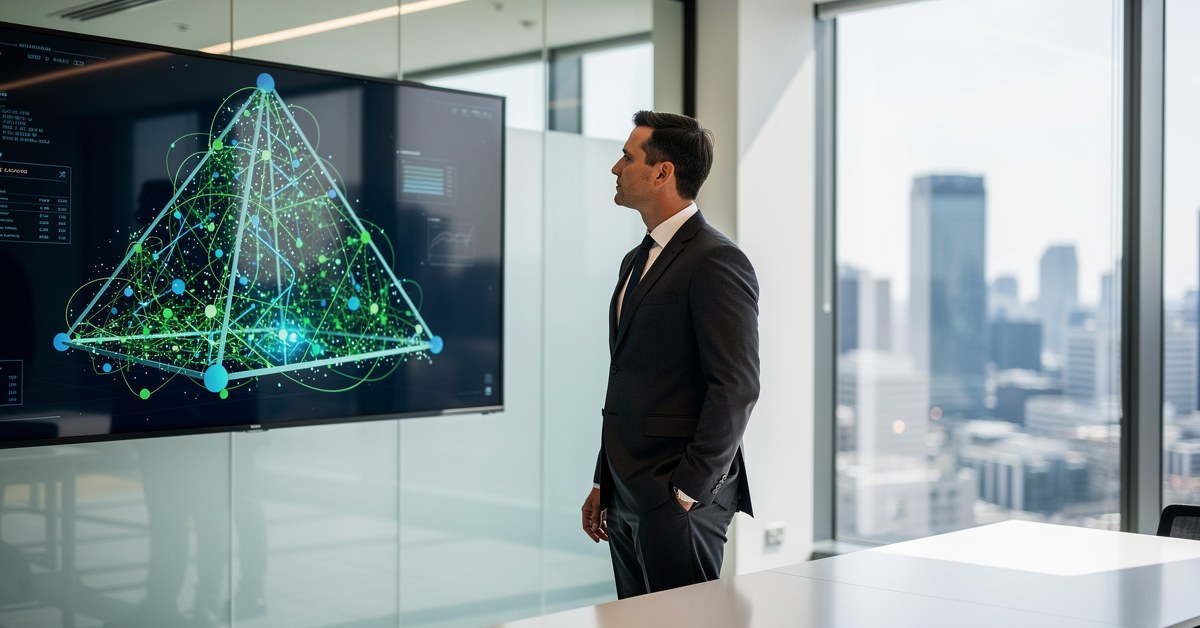 Man in suit looking at a large screen displaying a 3D pyramid data visualization in a modern office.