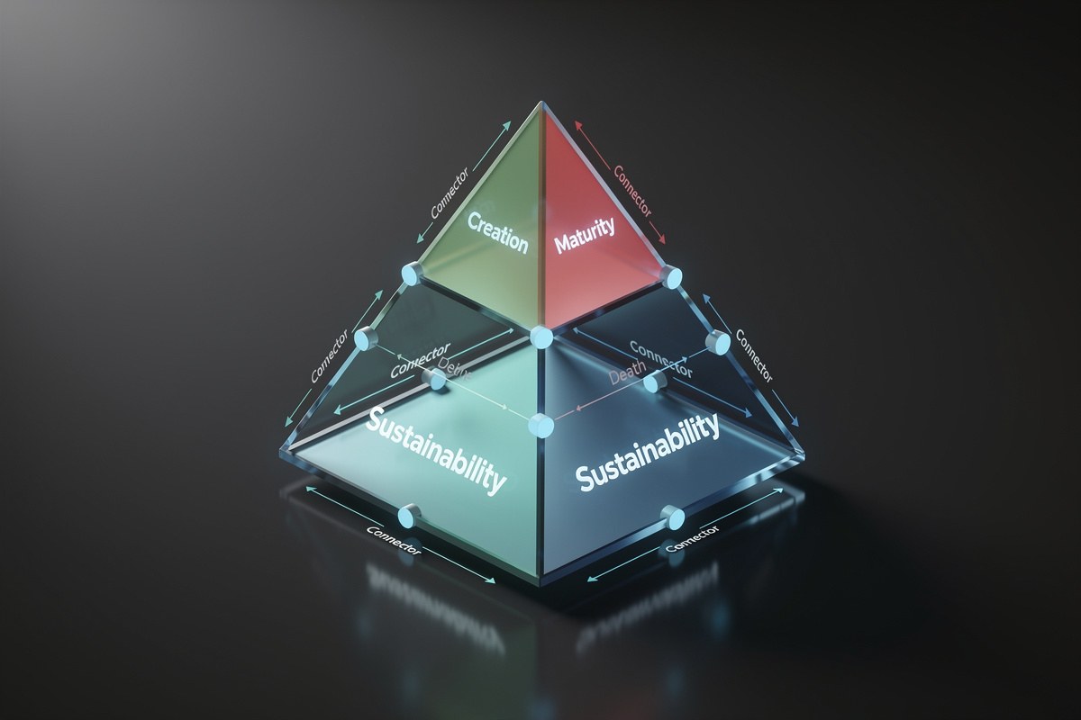 A 3D pyramid diagram showing "Creation" (green), "Maturity" (red), and two "Sustainability" (blue/green) phases.