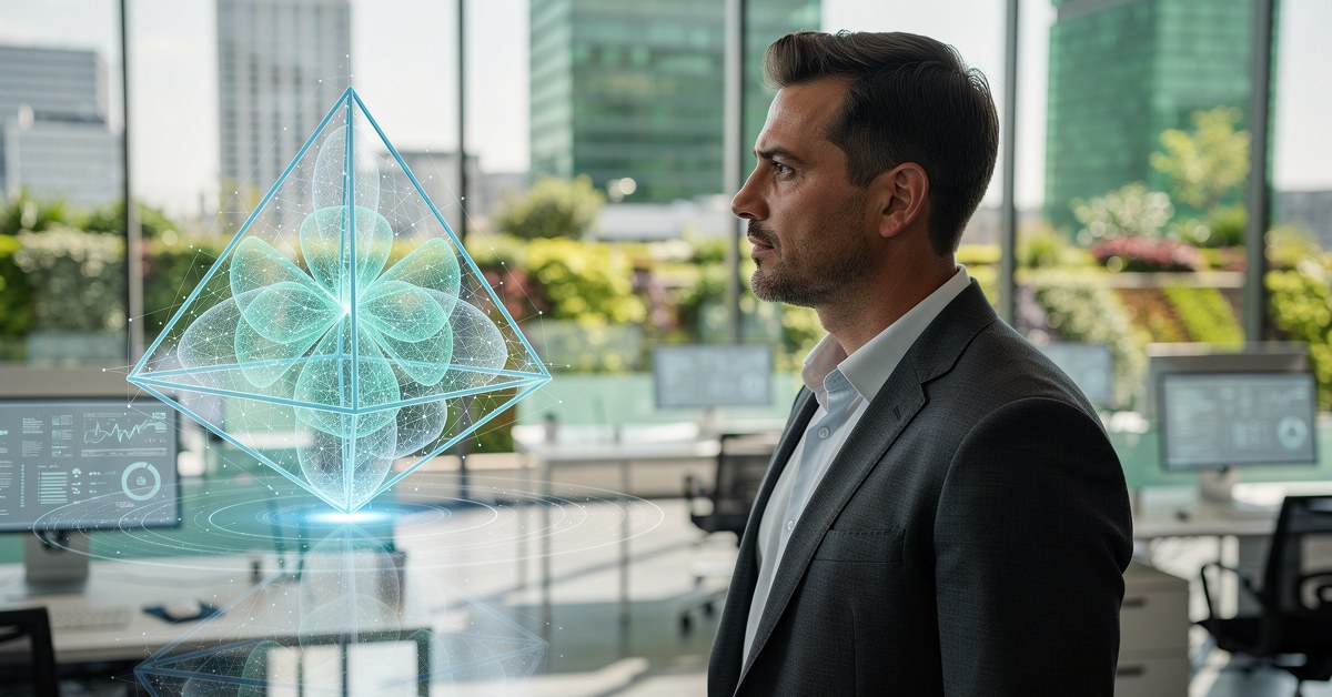 Man in suit looking at a glowing blue geometric pyramid with a flower-like shape inside, in a modern office.