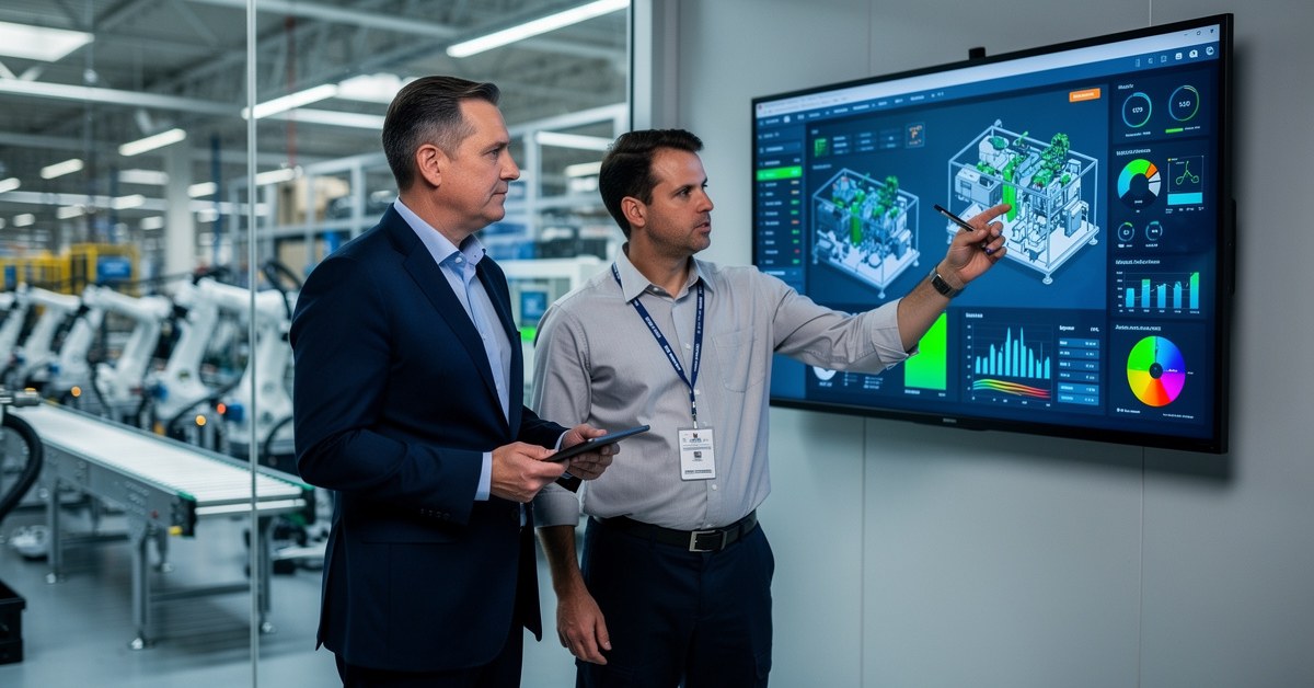 Two men in a factory, one pointing at a screen displaying data and 3D models of machinery.
